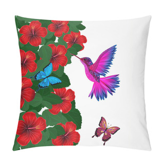 Personality  Floral Design Background. Hibiscus Flowers With Bird, Butterflie Pillow Covers