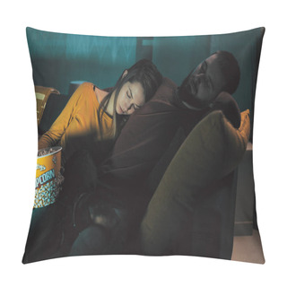 Personality  Young Sleepy Couple Sitting On The Couch And Falling Asleep While Watching A Movie Pillow Covers