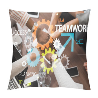 Personality  Partial View Of Multicultural Businesspeople Holding Joined Hands Above Desk With Gadgets, Teamwork Illustration  Pillow Covers