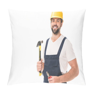 Personality  Handsome Smiling Workman Holding Pliers And Hammer Isolated On White Pillow Covers