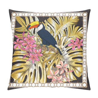 Personality  Shawl With The Image Of A Black Toucan On Golden Tropical Plants And Flowers. Image Of A Bird With A Yellow-red Beak Surrounded By Pink Plumeria, Monstera Leaves, Banana And Palm Trees. Pillow Covers