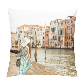 Personality  Travel Tourist Woman With Backpack In Venice, Italy. Girl On Vacation Smiling Happy By Grand Canal. Girl Having Fun Traveling Outdoors Pillow Covers