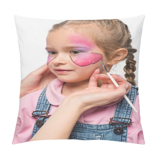 Personality  Cropped View Of Artist Painting Butterfly On Face Of Adorable Kid Isolated On White Pillow Covers
