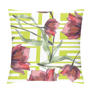 Personality  Red Poppies With Leaves And Lines. Watercolor Illustration Set. Seamless Background Pattern. Pillow Covers