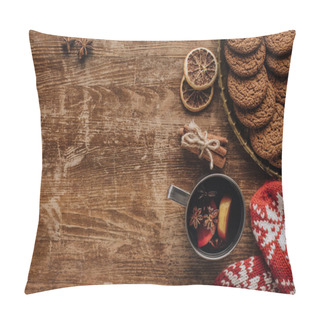 Personality  Top View Of Mulled Wine In Cup, Mittens And Cookies On Wooden Tabletop, Christmas Concept Pillow Covers
