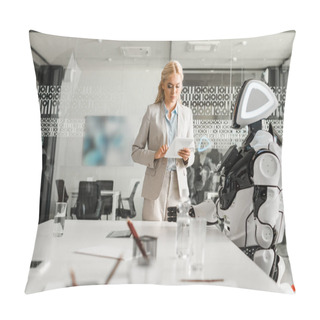 Personality  Attractive Businesswoman Using Digital Tablet While Standing Near Robot In Meeting Room Pillow Covers