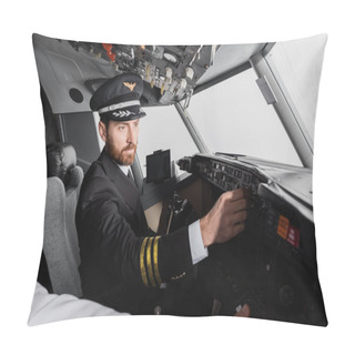 Personality  Pilot In Cap And Uniform Reaching Control Panel Near Co-pilot In Airplane Simulator Pillow Covers