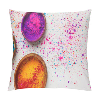 Personality  Top View Of Colorful Holi Powder In Bowls Isolated On White, Traditional Hindu Spring Festival Pillow Covers