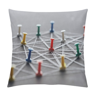 Personality  Selective Focus Of Colorful Push Pins Connected With Strings On Grey, Network Concept Pillow Covers