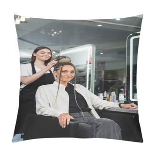 Personality  Hair Make Over, Cheerful Hair Stylist Doing Hair Bun To Female Client With Braids, Cheerful Women, Client Satisfaction, Customer In Salon, Beauty Service, Salon Experience, Feminine, Tattooed  Pillow Covers