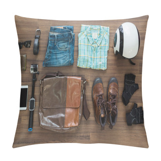 Personality  Hipster Clothes And Accessories On A Wooden Background Pillow Covers
