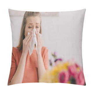 Personality  Selective Focus Of Blonde Woman Looking At Flowers And Sneezing In Tissue While Having Pollen Allergy Pillow Covers