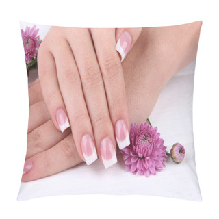 Personality  Woman Hands With French Manicure And Flowers On White Wooden Background Pillow Covers