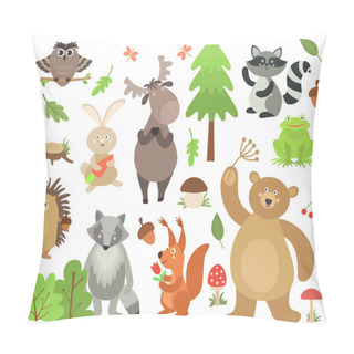Personality  Cartoon Forest Animals. Elk Owl Hare Raccoon Squirrel Bear Hedgehog Frog. Woodland Animal Vector Isolated Pillow Covers