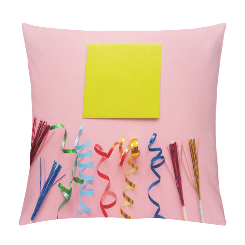 Personality  Top View Of Empty Greeting Card Near Drinking Straws With Tinsel And Serpentine On Pink Background  Pillow Covers