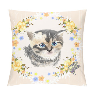 Personality Portrait Of Three-colored Kitten And Butterfly.  House Pet.  Pillow Covers