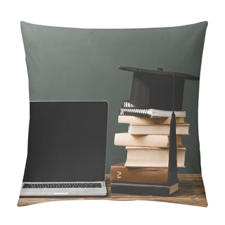 Personality  Books, Notebooks, Academic Cap And Laptop With Blank Screen On Wooden Surface Isolated On Grey Pillow Covers