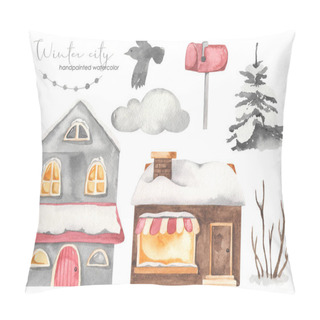 Personality  European Houses, Mailbox, Spruce Under The Snow, Tree, Garland Watercolor Set Winter City Pillow Covers