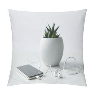 Personality  Selective Focus Of Smartphone With Earphones And Flowerpot Isolated On Grey Pillow Covers