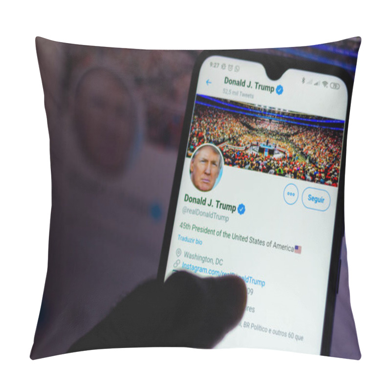 Personality  June 5, 2020, Brazil. In This Photo Illustration The Official Page Of The President Of The United States, Donald Trump, On Twitter Seen Displayed On A Smartphone. Platform May Suspend Account Of The American Politician. Pillow Covers