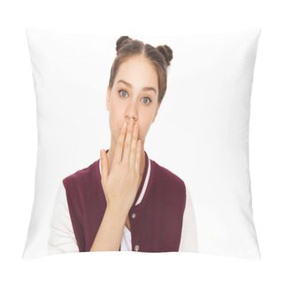 Personality  Confused Teenage Girl Covering Her Mouth By Hand Pillow Covers