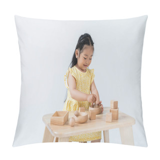 Personality  Happy Asian Girl Holding Wooden Spoon Near Bowl While Playing Isolated On Grey Pillow Covers