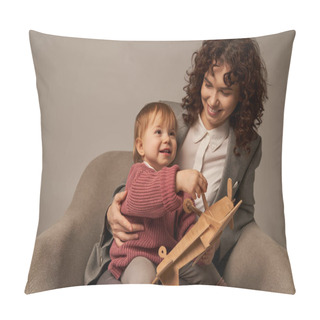 Personality  Career And Family, Balancing Work And Life Concept, Businesswoman In Suit Sitting On Armchair And Playing With Toddler Daughter, Wooden Biplane, Grey Background, Engaging With Child  Pillow Covers