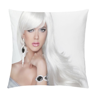 Personality  Long Hair. Fashion Blond Girl With White Wavy Hairstyle. Expensi Pillow Covers