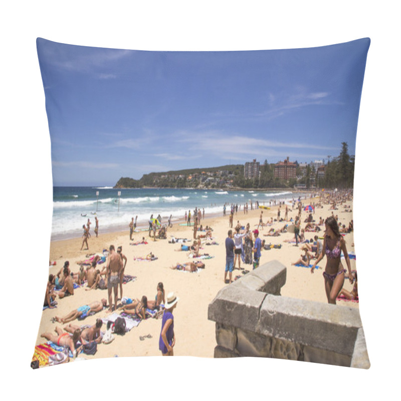 Personality  MANLY, AUSTALIA-DECEMBER 08 2013: Manly Beach On Busy, Sunny Day Pillow Covers
