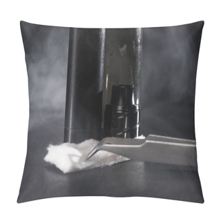 Personality  Electronic Cigarette And Liquid With Clouds Of Smoke On Dark Background Pillow Covers