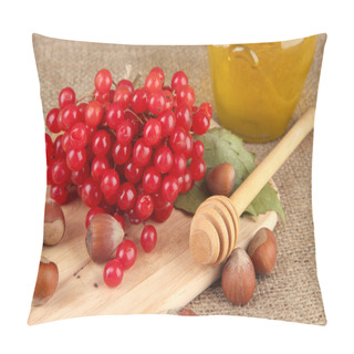 Personality  Red Berries Of Viburnum With Honey And Nuts On Sackcloth Background Pillow Covers