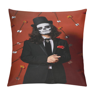 Personality  Man In Skull Makeup And Festive Attire Looking At Camera On Red Floral Backdrop, Dia De Los Muertos Pillow Covers