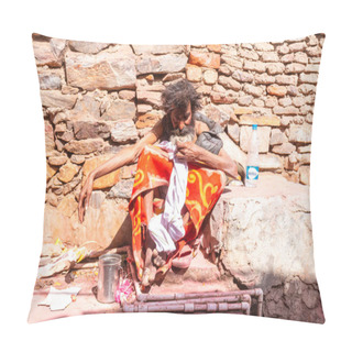 Personality  Barsana, Uttar Pradesh, India - March 2022: Portrait On Indian Hindu People With Colorful Faces Celebrating The Colorful Holi Festival On The Streets Of Barsana City. Pillow Covers
