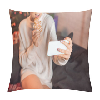 Personality  Cropped View Of Young Woman Sitting On Couch, Posing With Gingerbread Cookie And Taking Selfie On Smartphone At Christmas Time Pillow Covers