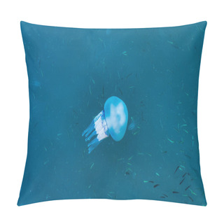 Personality  Beautiful Glowing Blue Jellyfish In Blue Water Sea With Little Fish Background Pillow Covers