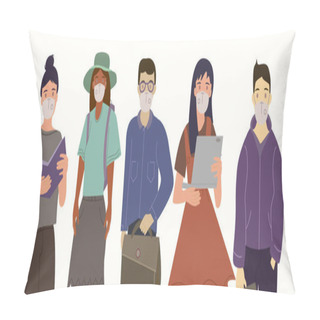 Personality  Vector With Multicultural People In Medical Masks Standing On White, Coronavirus Concept  Pillow Covers