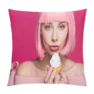 Personality  Attractive Girl In Pink Wig Holding Delicious Cupcake With Buttercream Isolated On Pink Pillow Covers