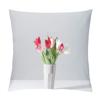 Personality  Beautiful Blooming White, Pink And Red Tulips In Vase On Grey Pillow Covers