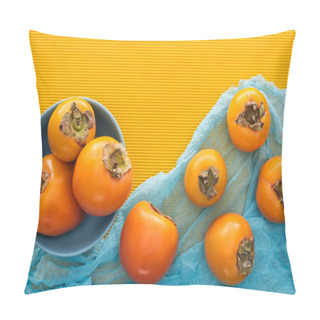 Personality  Top View Of Whole Orange Persimmons On Blue Plate And Cloth  Pillow Covers