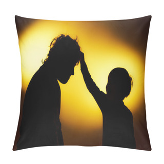 Personality  Two  Expressive Boy's Silhouettes Showing Emotions Using Gesticu Pillow Covers