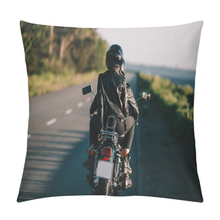 Personality  Rear View Of Couple In Helmets Riding Chopper Motorbike On Country Road Pillow Covers