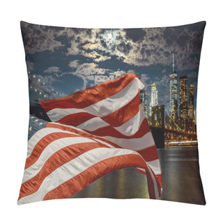 Personality  American Flag Flying The Against A Dusk Sky Brooklyn Bridge And Manhattan, New York City, USA Pillow Covers