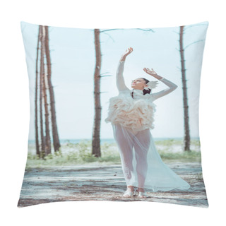 Personality  Brunette Woman In White Swan Costume Standing On Sandy Beach, Holding Hands Over Head Pillow Covers