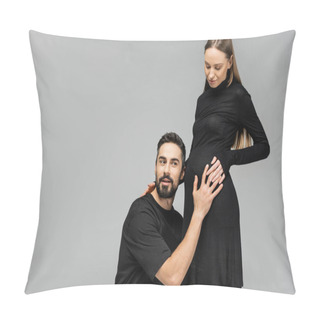 Personality  Excited Bearded Man In T-shirt Touching And Listening Belly Sounds Of Stylish Pregnant Wife In Black Dress While Standing Together Isolated On Grey, Growing New Life Concept Pillow Covers