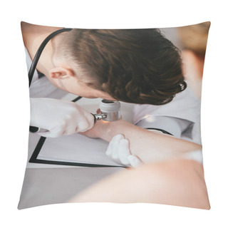 Personality  Selective Focus Of Dermatologist Holding Dermatoscope And Examining Woman With Melanoma  Pillow Covers
