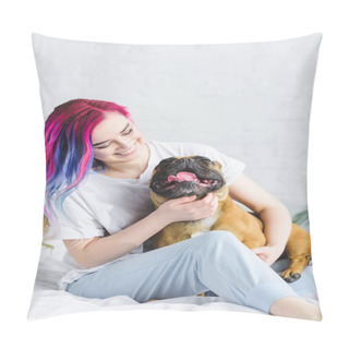 Personality  Cheerful Hipster Girl Sitting On Bed And Petting French Bulldog  Pillow Covers