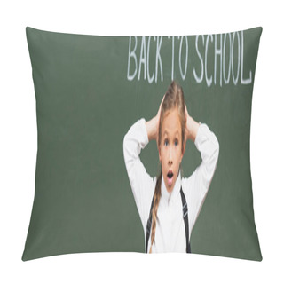 Personality  Panoramic Shot Of Shocked Schoolgirl Touching Head Near Chalkboard With Back To School Inscription Pillow Covers