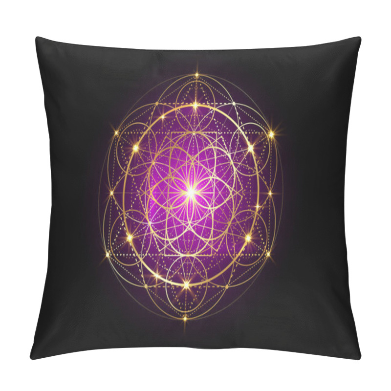 Personality  Seed Of Life Symbol Sacred Geometry.  Geometric Mystic Mandala Of Alchemy Esoteric Flower Of Life. Gold Luxury Design, Vector Divine Meditative Amulet Isolated On Black Background Pillow Covers