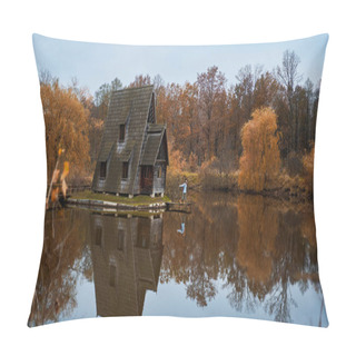 Personality  Wooden House By Lake Among Autumn Forest, Girl Walking By Wooden Pier. Foliage Reflection In Water. Pillow Covers