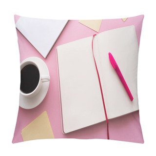 Personality  Top View Of Pen On Open Notebook Near Cup Of Coffee And Paper Notes On Pink  Pillow Covers